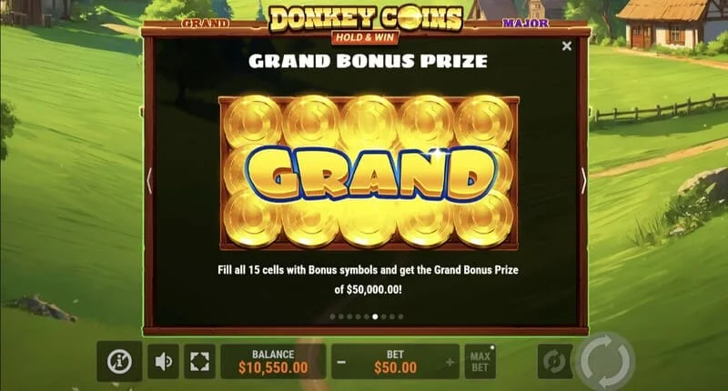 Donkey Coins Hold & Win – skjerm med Mini, Minor, Major, Grand Jackpots