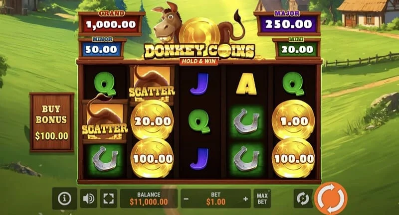 Donkey Coins Hold & Win – hovedskjermen med hjulene